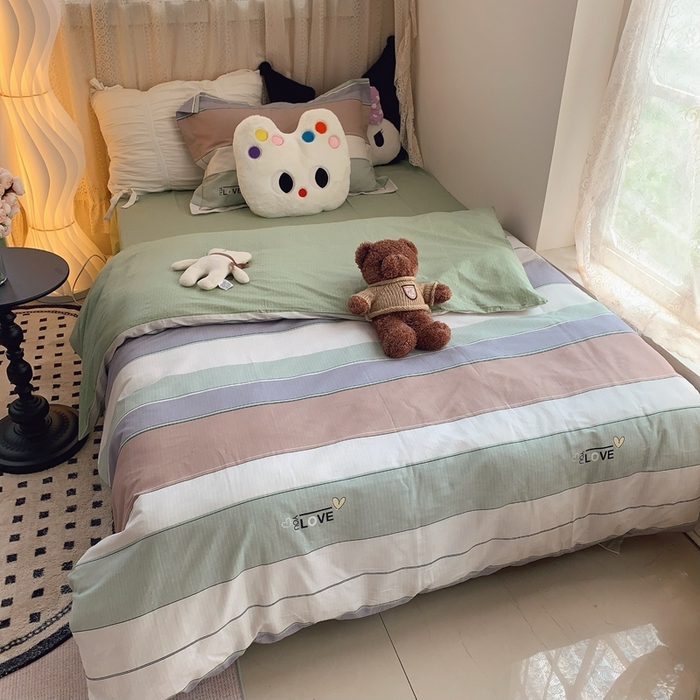 91家纺网 家纺一手货源 找家纺 莱豫家纺 2025春夏新款学生季全棉纯棉印花上下铺三件套学生宿舍三件套 麦浪指纹