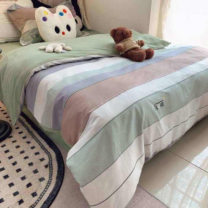 91家纺网 家纺一手货源 找家纺 莱豫家纺 2025春夏新款学生季全棉纯棉印花上下铺三件套学生宿舍三件套 麦浪指纹