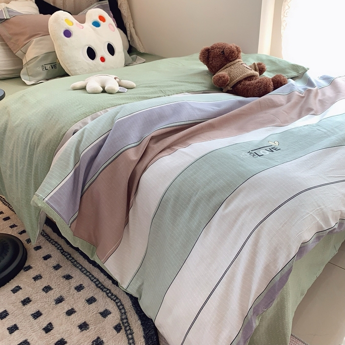 91家纺网 家纺一手货源 找家纺 莱豫家纺 2025春夏新款学生季全棉纯棉印花上下铺三件套学生宿舍三件套 麦浪指纹