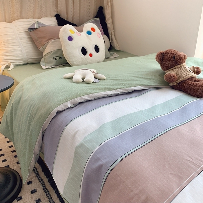 91家纺网 家纺一手货源 找家纺 莱豫家纺 2025春夏新款学生季全棉纯棉印花上下铺三件套学生宿舍三件套 麦浪指纹