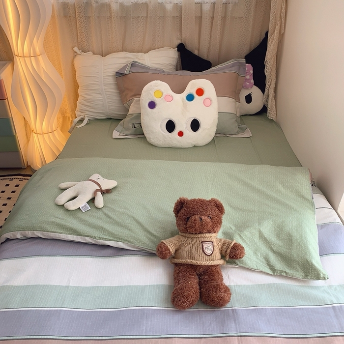 91家纺网 家纺一手货源 找家纺 莱豫家纺 2025春夏新款学生季全棉纯棉印花上下铺三件套学生宿舍三件套 麦浪指纹