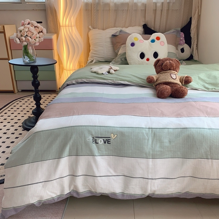 91家纺网 家纺一手货源 找家纺 莱豫家纺 2025春夏新款学生季全棉纯棉印花上下铺三件套学生宿舍三件套 麦浪指纹