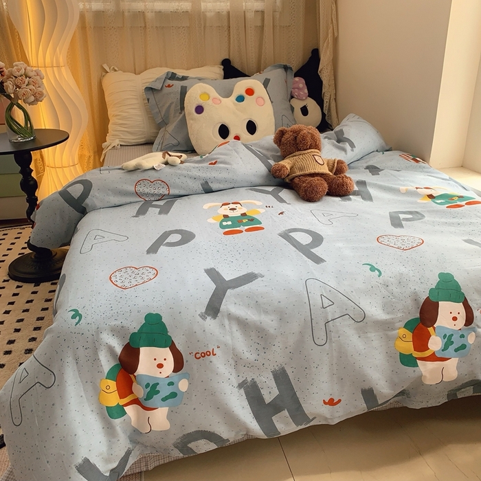 91家纺网 家纺一手货源 找家纺 莱豫家纺 2025春夏新款学生季全棉纯棉印花上下铺三件套学生宿舍三件套 蒙奇奇