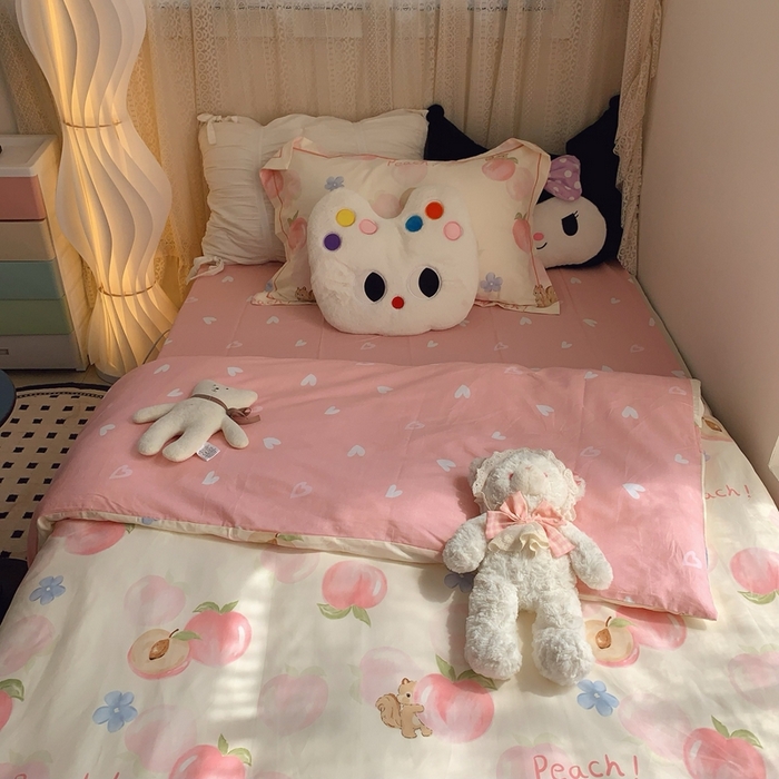 91家纺网 家纺一手货源 找家纺 莱豫家纺 2025春夏新款学生季全棉纯棉印花上下铺三件套学生宿舍三件套 蜜桃松鼠