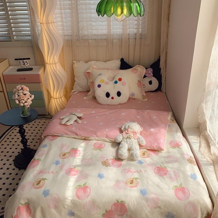 91家纺网 家纺一手货源 找家纺 莱豫家纺 2025春夏新款学生季全棉纯棉印花上下铺三件套学生宿舍三件套 蜜桃松鼠