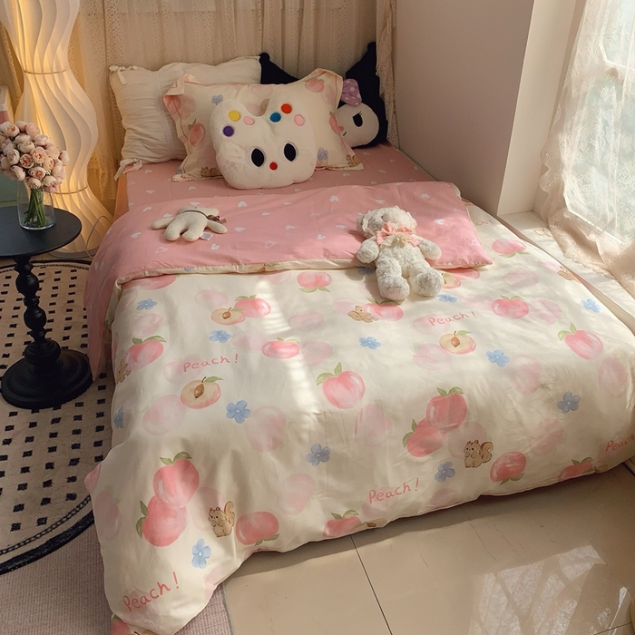 91家纺网 家纺一手货源 找家纺 莱豫家纺 2025春夏新款学生季全棉纯棉印花上下铺三件套学生宿舍三件套 蜜桃松鼠