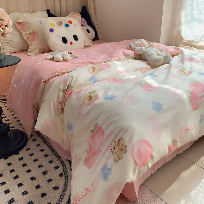 91家纺网 家纺一手货源 找家纺 莱豫家纺 2025春夏新款学生季全棉纯棉印花上下铺三件套学生宿舍三件套 蜜桃松鼠