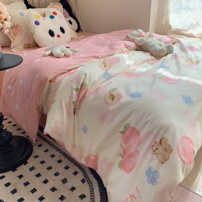 91家纺网 家纺一手货源 找家纺 莱豫家纺 2025春夏新款学生季全棉纯棉印花上下铺三件套学生宿舍三件套 蜜桃松鼠