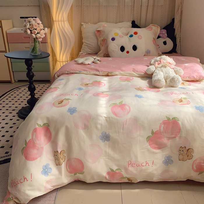 91家纺网 家纺一手货源 找家纺 莱豫家纺 2025春夏新款学生季全棉纯棉印花上下铺三件套学生宿舍三件套 蜜桃松鼠