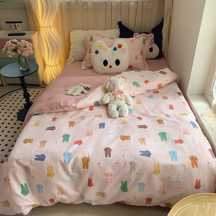 莱豫家纺 2025春夏新款学生季全棉纯棉印花上下铺三件套学生宿舍三件套 喵星人粉