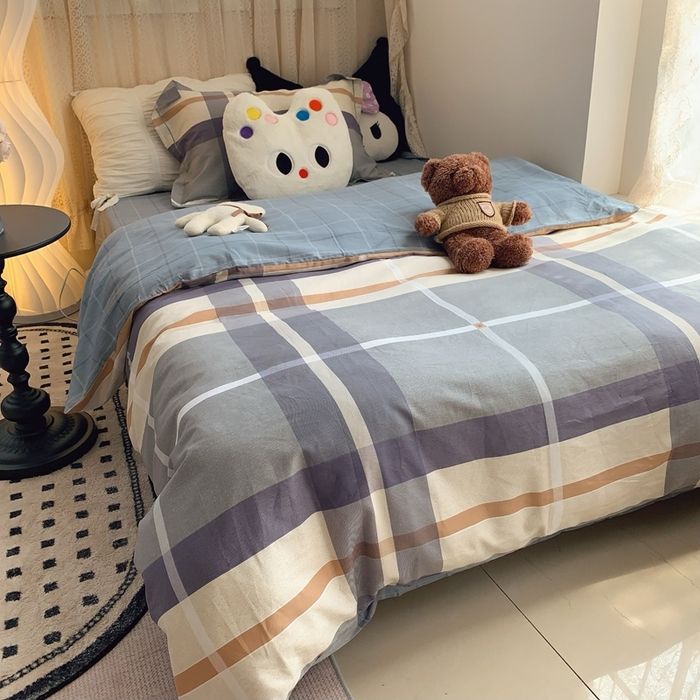 91家纺网 家纺一手货源 找家纺 莱豫家纺 2025春夏新款学生季全棉纯棉印花上下铺三件套学生宿舍三件套 速写格纹