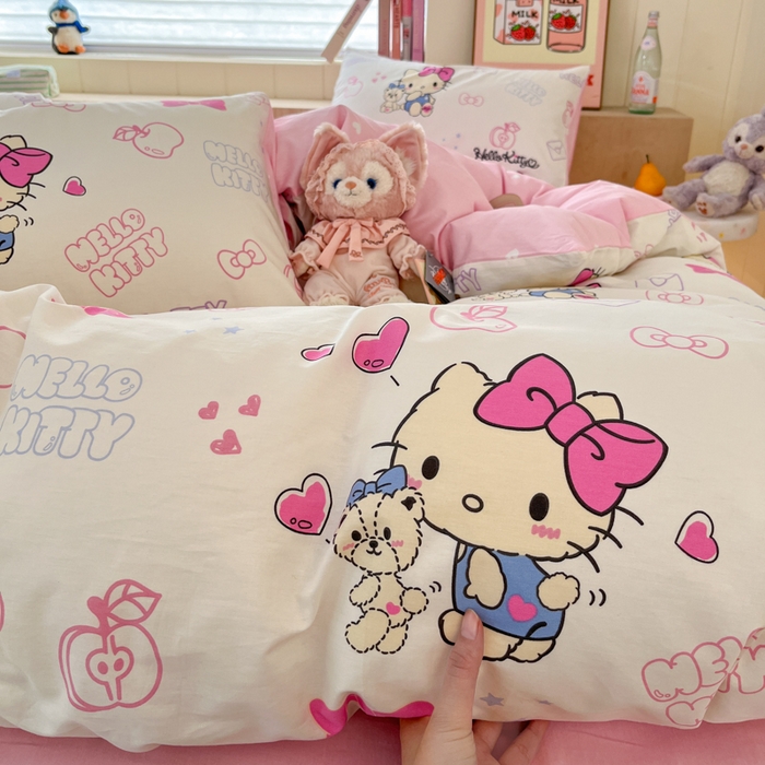 91家纺网 家纺一手货源 找家纺 博雅 2025新款全棉三丽鸥全棉四件套-小版 苹果HELLO KITTY