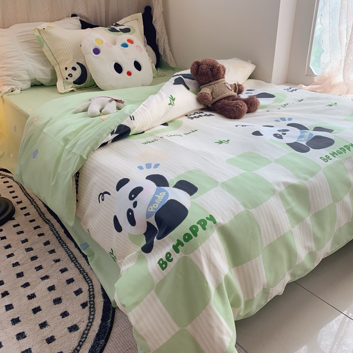 91家纺网 家纺一手货源 找家纺 莱豫家纺 2025春夏新款学生季全棉纯棉印花上下铺三件套学生宿舍三件套 小熊猫绿