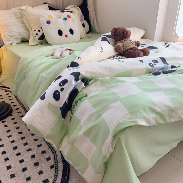91家纺网 家纺一手货源 找家纺 莱豫家纺 2025春夏新款学生季全棉纯棉印花上下铺三件套学生宿舍三件套 小熊猫绿