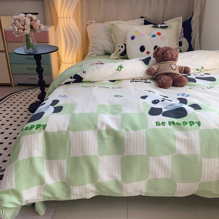 91家纺网 家纺一手货源 找家纺 莱豫家纺 2025春夏新款学生季全棉纯棉印花上下铺三件套学生宿舍三件套 小熊猫绿