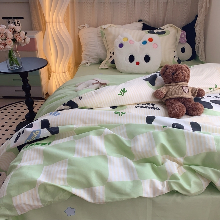91家纺网 家纺一手货源 找家纺 莱豫家纺 2025春夏新款学生季全棉纯棉印花上下铺三件套学生宿舍三件套 小熊猫绿