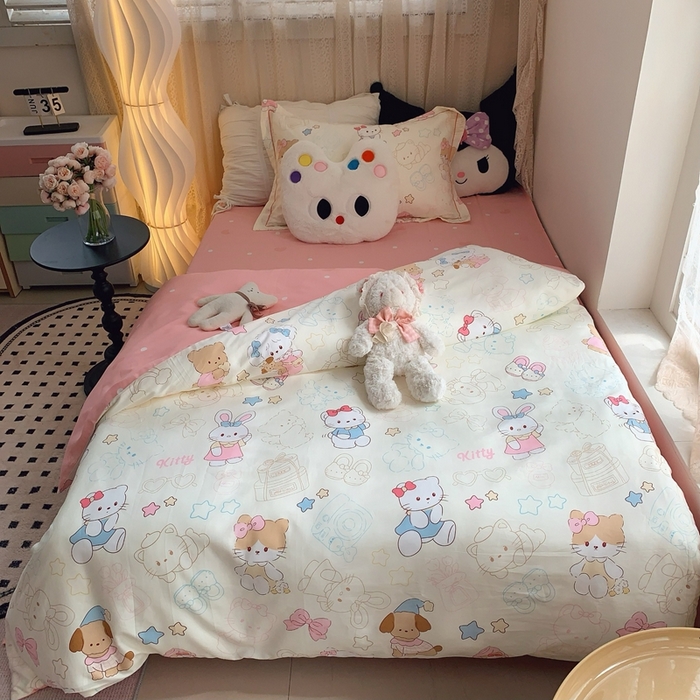 91家纺网 家纺一手货源 找家纺 莱豫家纺 2025春夏新款学生季全棉纯棉印花上下铺三件套学生宿舍三件套 星星猫咪