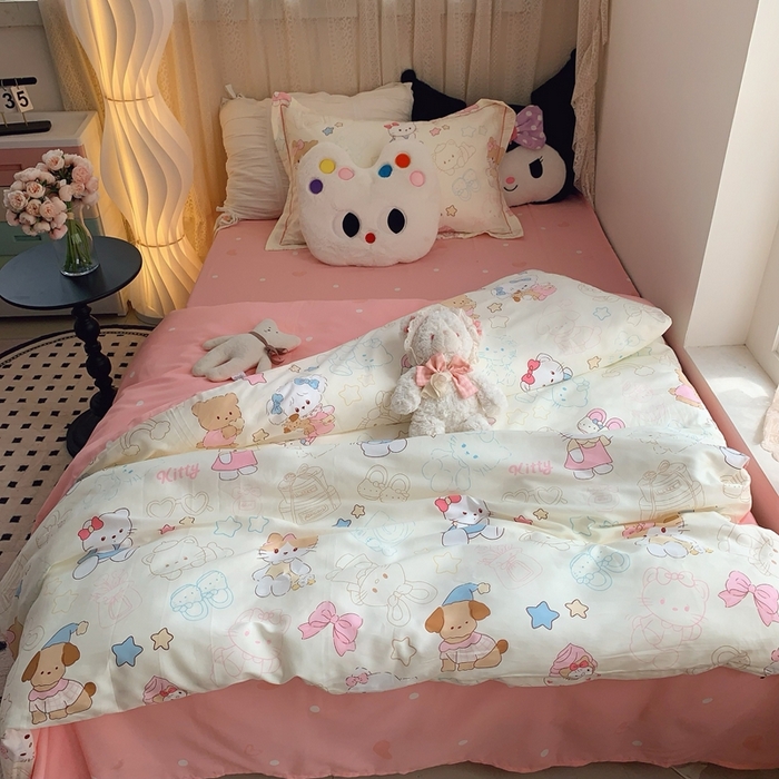 91家纺网 家纺一手货源 找家纺 莱豫家纺 2025春夏新款学生季全棉纯棉印花上下铺三件套学生宿舍三件套 星星猫咪