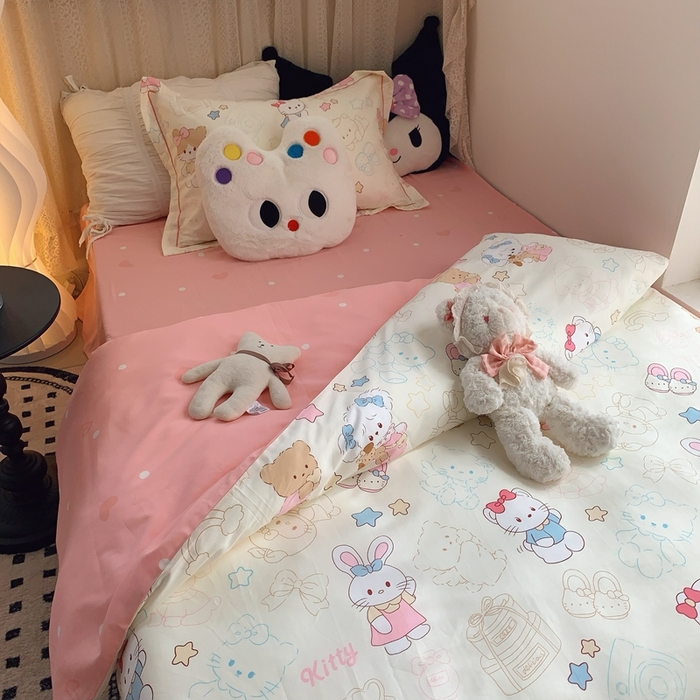 91家纺网 家纺一手货源 找家纺 莱豫家纺 2025春夏新款学生季全棉纯棉印花上下铺三件套学生宿舍三件套 星星猫咪