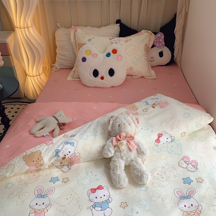 91家纺网 家纺一手货源 找家纺 莱豫家纺 2025春夏新款学生季全棉纯棉印花上下铺三件套学生宿舍三件套 星星猫咪