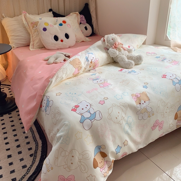 91家纺网 家纺一手货源 找家纺 莱豫家纺 2025春夏新款学生季全棉纯棉印花上下铺三件套学生宿舍三件套 星星猫咪