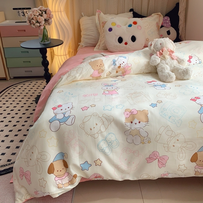 91家纺网 家纺一手货源 找家纺 莱豫家纺 2025春夏新款学生季全棉纯棉印花上下铺三件套学生宿舍三件套 星星猫咪