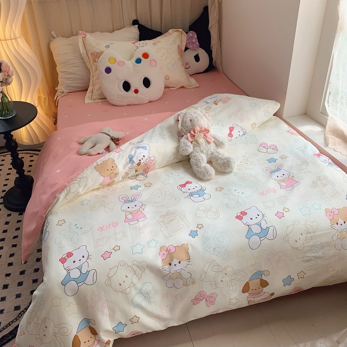 91家纺网 家纺一手货源 找家纺 莱豫家纺 2025春夏新款学生季全棉纯棉印花上下铺三件套学生宿舍三件套 星星猫咪