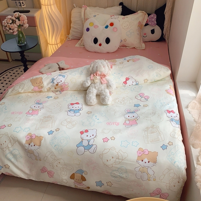 91家纺网 家纺一手货源 找家纺 莱豫家纺 2025春夏新款学生季全棉纯棉印花上下铺三件套学生宿舍三件套 星星猫咪