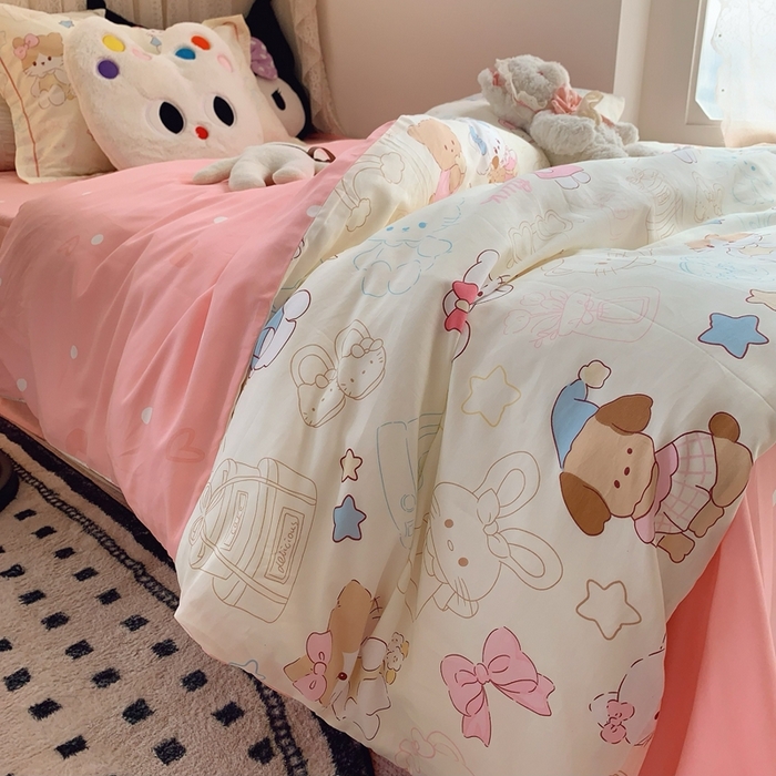 91家纺网 家纺一手货源 找家纺 莱豫家纺 2025春夏新款学生季全棉纯棉印花上下铺三件套学生宿舍三件套 星星猫咪