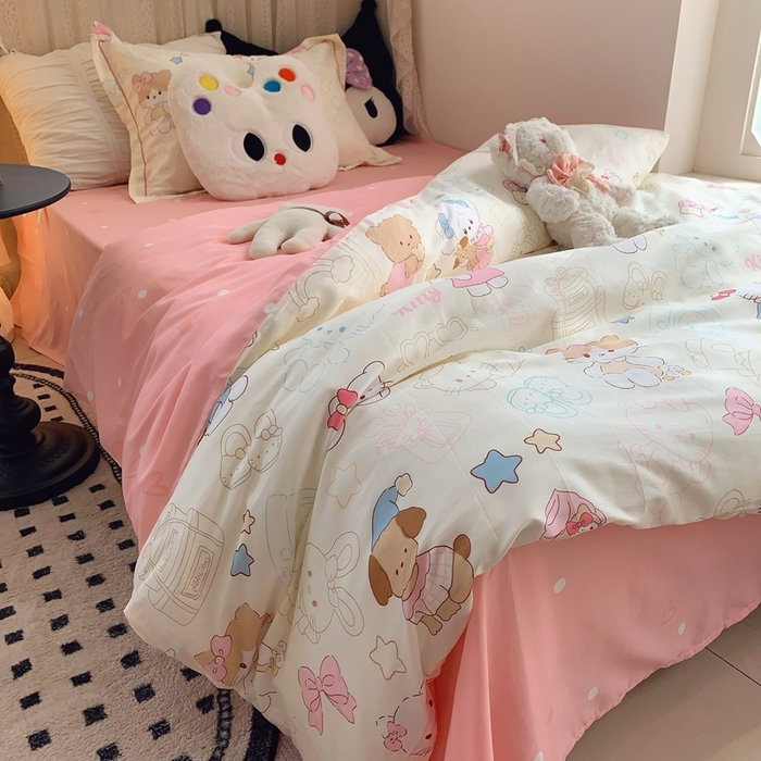 91家纺网 家纺一手货源 找家纺 莱豫家纺 2025春夏新款学生季全棉纯棉印花上下铺三件套学生宿舍三件套 星星猫咪