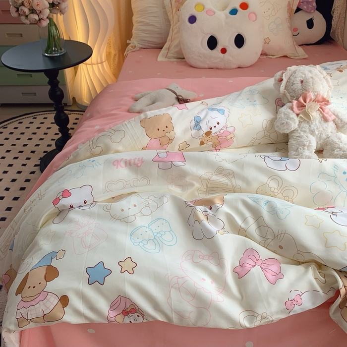 91家纺网 家纺一手货源 找家纺 莱豫家纺 2025春夏新款学生季全棉纯棉印花上下铺三件套学生宿舍三件套 星星猫咪