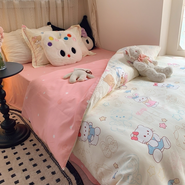 91家纺网 家纺一手货源 找家纺 莱豫家纺 2025春夏新款学生季全棉纯棉印花上下铺三件套学生宿舍三件套 星星猫咪