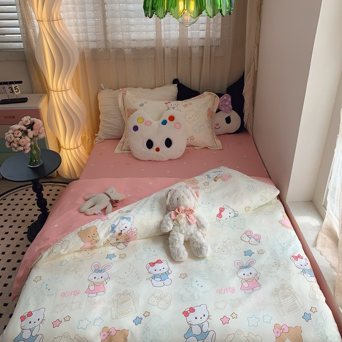 91家纺网 家纺一手货源 找家纺 莱豫家纺 2025春夏新款学生季全棉纯棉印花上下铺三件套学生宿舍三件套 星星猫咪
