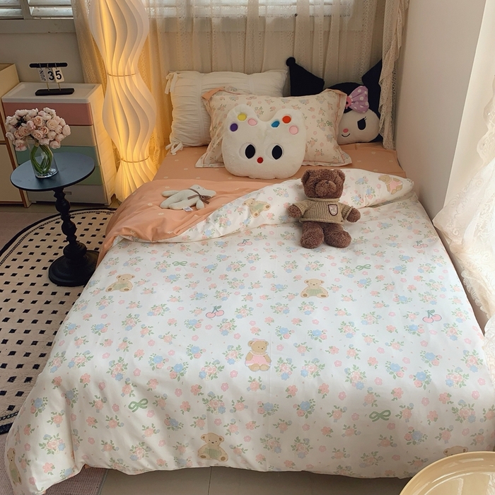 莱豫家纺 2025春夏新款学生季全棉纯棉印花上下铺三件套学生宿舍三件套 熊熊花语