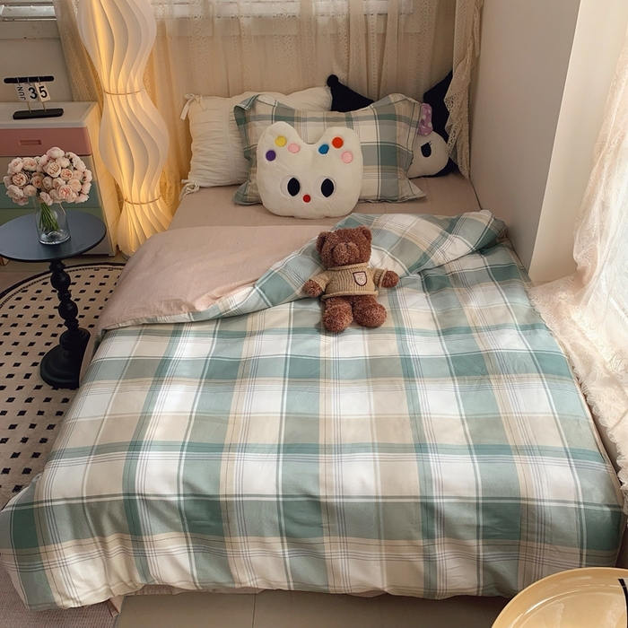 莱豫家纺 2025春夏新款学生季全棉纯棉印花上下铺三件套学生宿舍三件套 休闲格绿