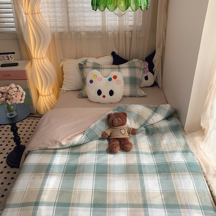 91家纺网 家纺一手货源 找家纺 莱豫家纺 2025春夏新款学生季全棉纯棉印花上下铺三件套学生宿舍三件套 休闲格绿