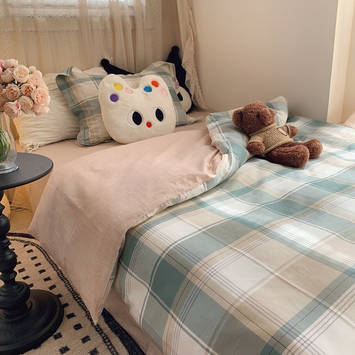 91家纺网 家纺一手货源 找家纺 莱豫家纺 2025春夏新款学生季全棉纯棉印花上下铺三件套学生宿舍三件套 休闲格绿