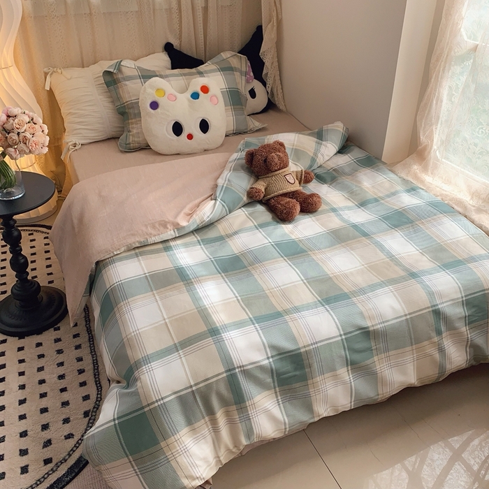 91家纺网 家纺一手货源 找家纺 莱豫家纺 2025春夏新款学生季全棉纯棉印花上下铺三件套学生宿舍三件套 休闲格绿