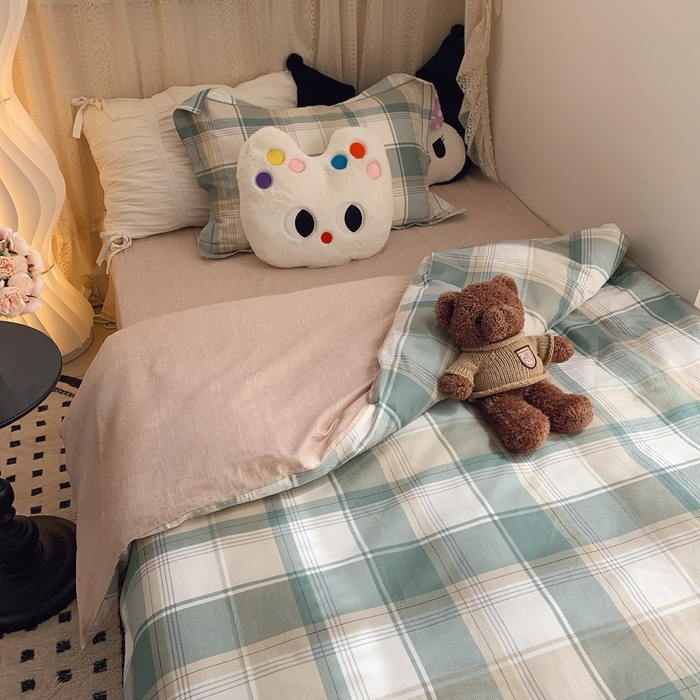 91家纺网 家纺一手货源 找家纺 莱豫家纺 2025春夏新款学生季全棉纯棉印花上下铺三件套学生宿舍三件套 休闲格绿