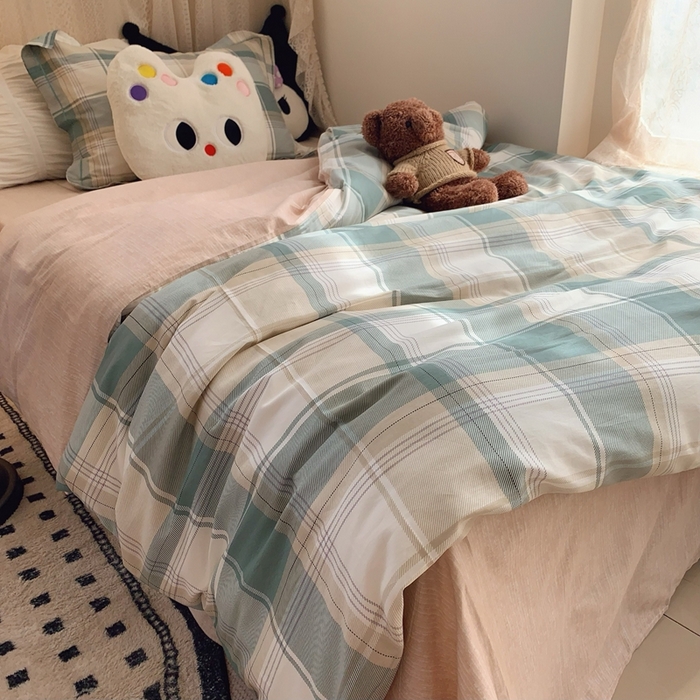 91家纺网 家纺一手货源 找家纺 莱豫家纺 2025春夏新款学生季全棉纯棉印花上下铺三件套学生宿舍三件套 休闲格绿