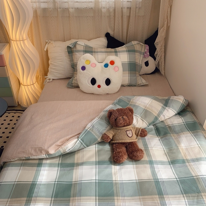 91家纺网 家纺一手货源 找家纺 莱豫家纺 2025春夏新款学生季全棉纯棉印花上下铺三件套学生宿舍三件套 休闲格绿