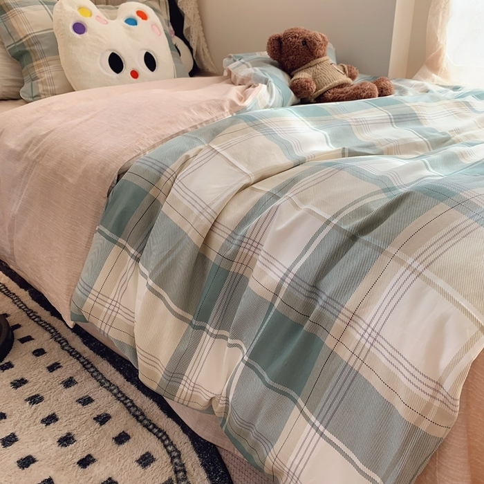 91家纺网 家纺一手货源 找家纺 莱豫家纺 2025春夏新款学生季全棉纯棉印花上下铺三件套学生宿舍三件套 休闲格绿