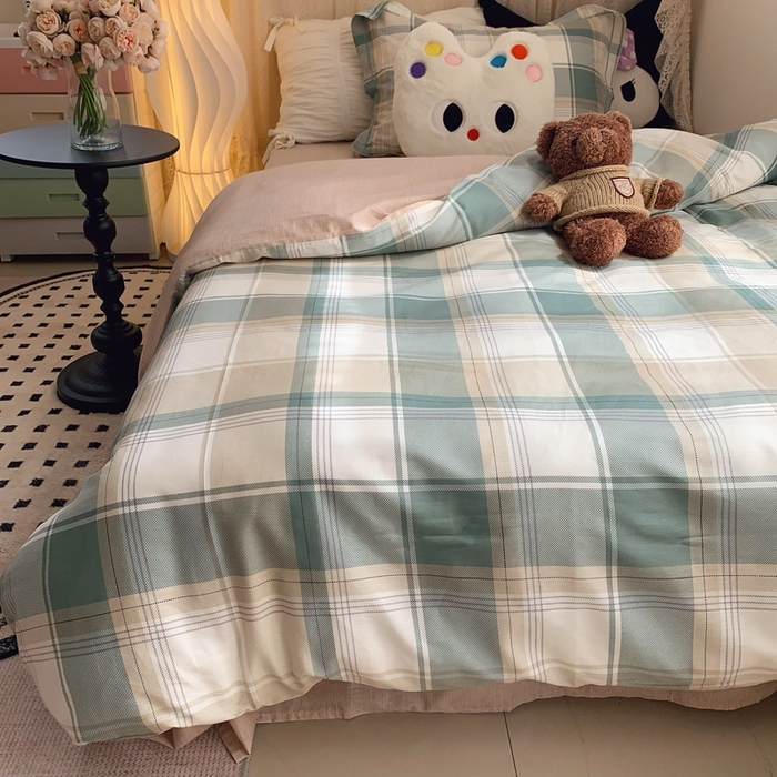 91家纺网 家纺一手货源 找家纺 莱豫家纺 2025春夏新款学生季全棉纯棉印花上下铺三件套学生宿舍三件套 休闲格绿