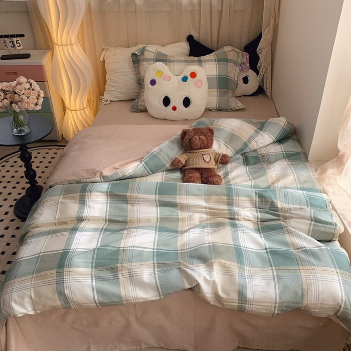 91家纺网 家纺一手货源 找家纺 莱豫家纺 2025春夏新款学生季全棉纯棉印花上下铺三件套学生宿舍三件套 休闲格绿