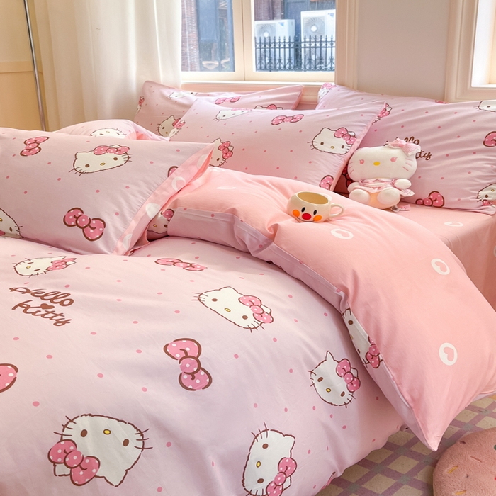 91家纺网 家纺一手货源 找家纺 博雅 2025新款全棉三丽鸥全棉四件套-小版 粉色蝴蝶结KT