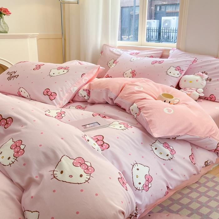 91家纺网 家纺一手货源 找家纺 博雅 2025新款全棉三丽鸥全棉四件套-小版 粉色蝴蝶结KT