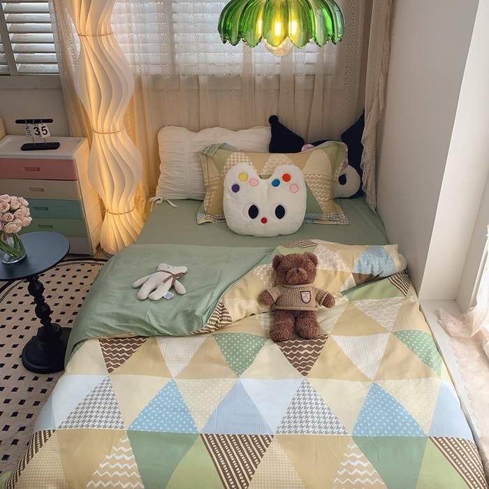 91家纺网 家纺一手货源 找家纺 莱豫家纺 2025春夏新款学生季全棉纯棉印花上下铺三件套学生宿舍三件套 云峰绿