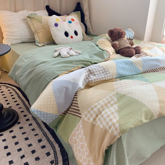 91家纺网 家纺一手货源 找家纺 莱豫家纺 2025春夏新款学生季全棉纯棉印花上下铺三件套学生宿舍三件套 云峰绿