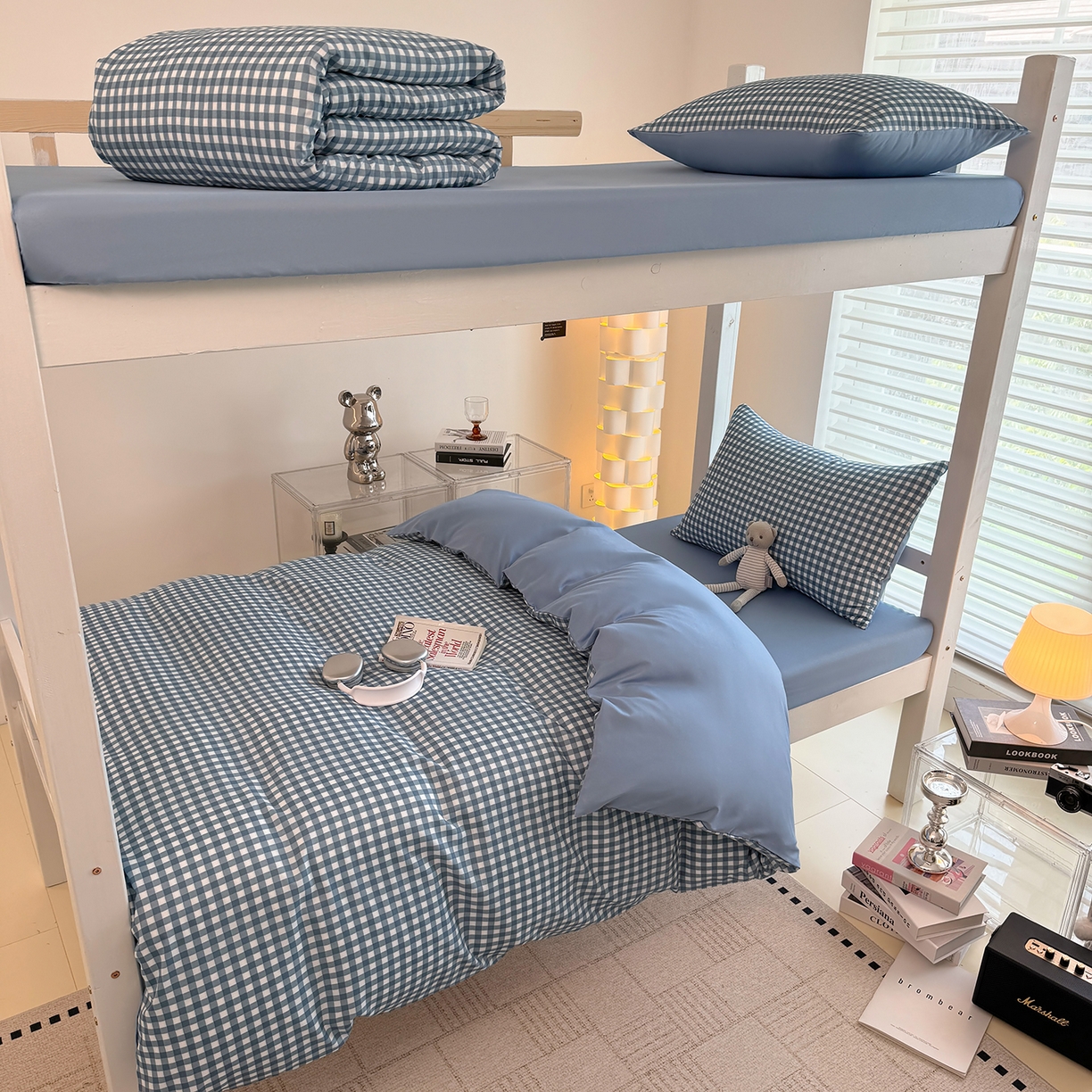 91家纺网 家纺一手货源 找家纺 十一家居2025年新款ins风A类亲肤水洗棉学生宿舍三件套——悸动系列 蓝小格+海青蓝