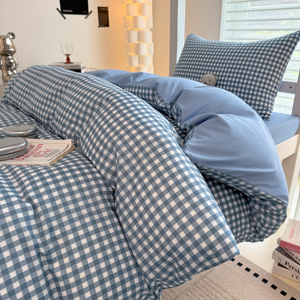 91家纺网 家纺一手货源 找家纺 十一家居2025年新款ins风A类亲肤水洗棉学生宿舍三件套——悸动系列 蓝小格+海青蓝
